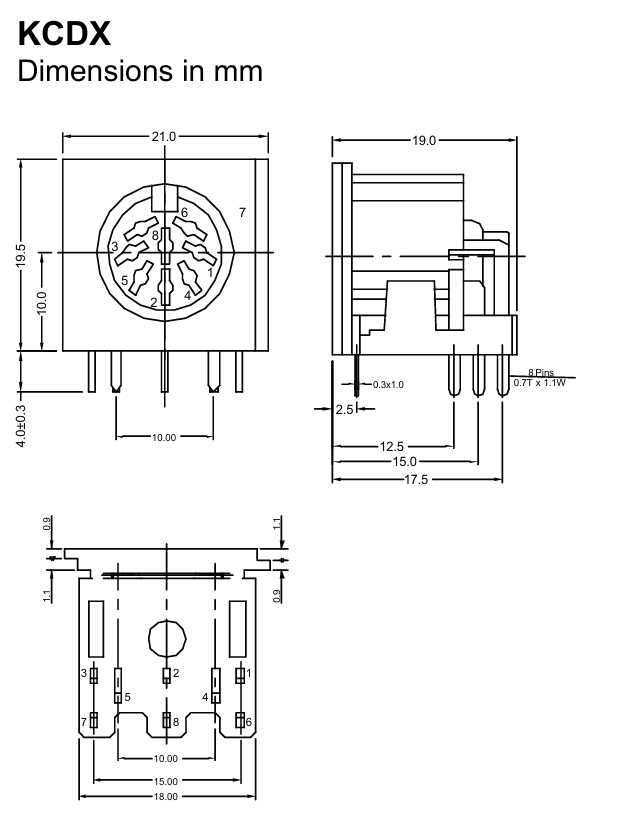 Mouser KCDX-5S-S2 - universelles Schema dieser Serie, bei dem benannten Typ sind natürlich nur Pins 1-5 belegt