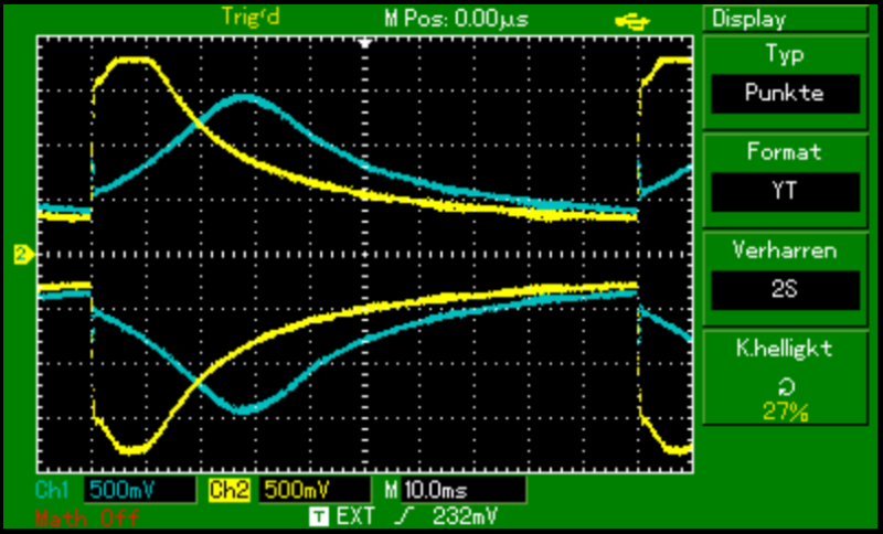 Im Vergleich mit einer &quot;unverbastelten&quot; XC-Platine, <br />gelb: R28 = 470K; max 3,2-3,6 KHz<br />blau: R28 = 330K &quot;unverbastelte&quot; XC-Platine; max 4,4KHz<br />(470K sind zu viel .... )