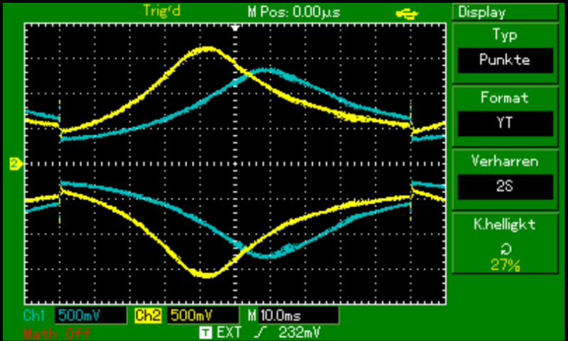 Im Vergleich mit einer &quot;unverbastelten&quot; XC-Platine, <br />gelb: R30 = 300K; max 5,1KHz<br />blau: R30 = 220K; max 5,9KHz